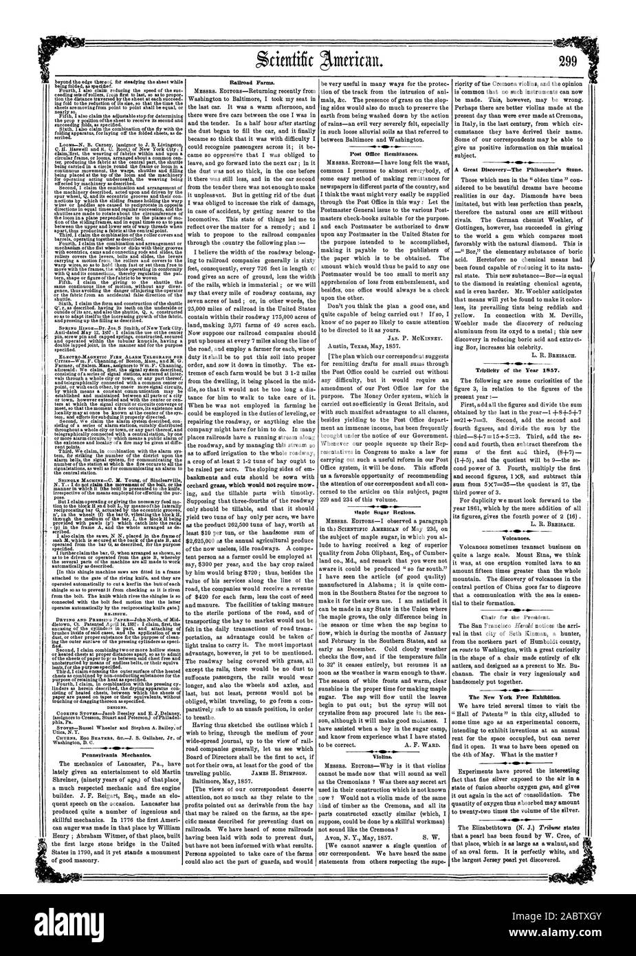 Elektromagnetische FEUERALARM TELEGRAPH FÜR RE-Problem. DESIGNS. Pennsylvania Mechanik. Railroad betrieben. Post Rücküberweisungen tlapie Zucker Regionen. Geigen. Eine tolle Entdeckung - der Stein der Weisen. Dreiheit der Jahr 1857. Vulkane. Lehrstuhl für den Präsidenten. Die New York Ausstellung., Scientific American, 1857-05-30 Stockfoto
