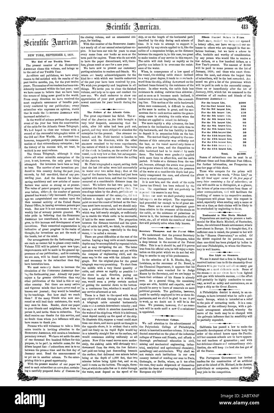 200 Für die 4. größte Liste. 150 Für den 5. größten Liste 100 für die 7. größte Liste S für die 10 lar 4 est-Liste. 50 Für die th größten Liste 40 für den 1 Uhr größte Liste, Scientific American, 1857-09-05 Stockfoto