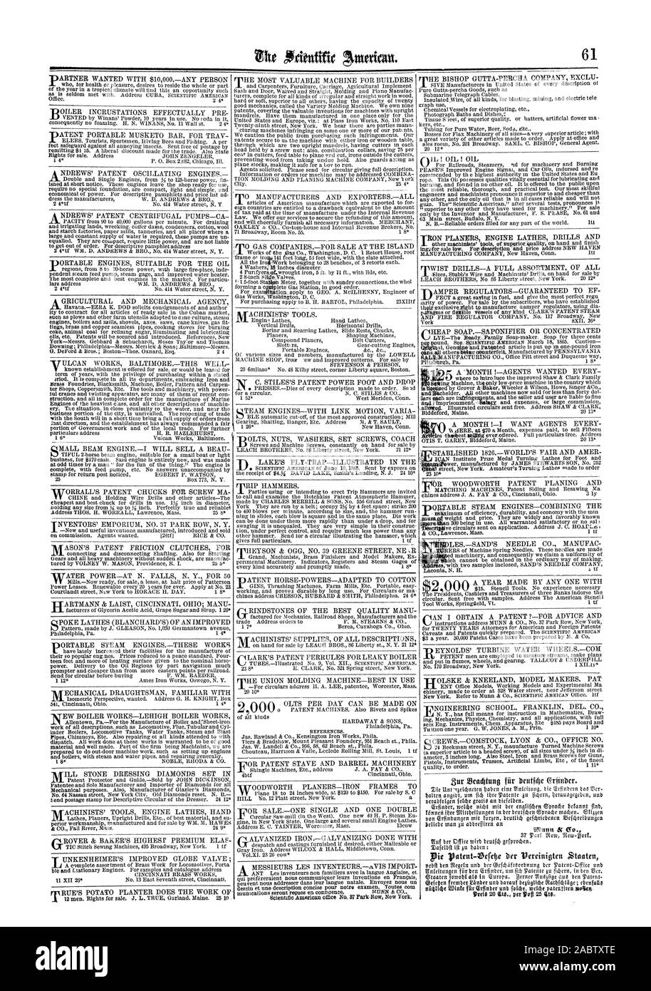 1 V-C. ZAUNTRITTE PATENT MACHT FUSS UND PROP EIN 'MONAT!-AGENTEN WOLLTE JEDEN A. MONAT! - ICH MÖCHTE JEDEN AGENTEN ODER WOODWORTH PATENT HOBELN und Lwb ich THEYSON & OGG Nr. 39 GREENE STREET NE mechanische Verfasser vertraut mit der Tot 25 4100 LTS PRO TAG KANN AUF - LIOR PATENT DAUBE UND ZYLINDER MASCHINEN, Scientific American, 1865-07-22. Stockfoto