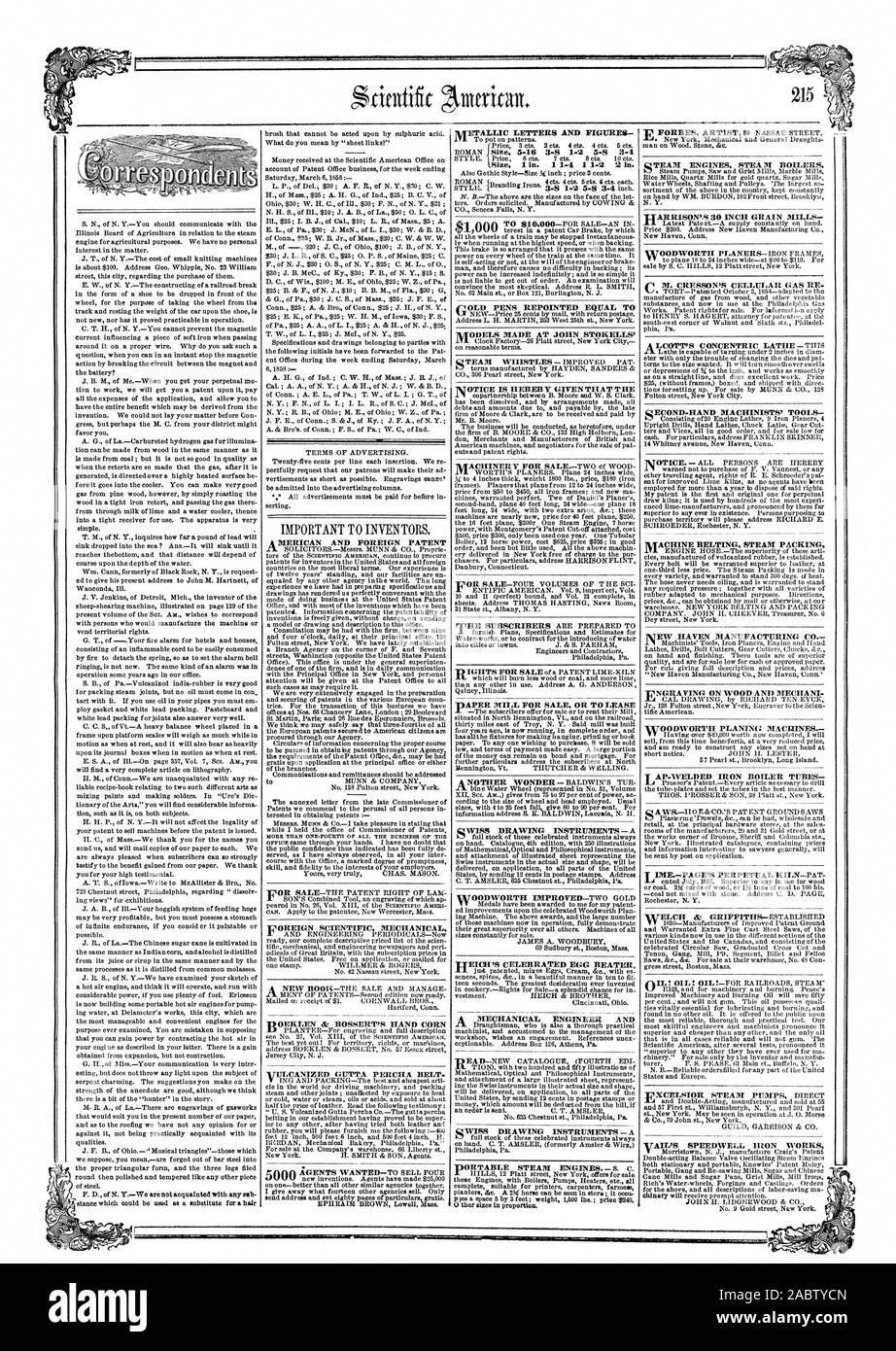 A MERICAN UND AUSLÄNDISCHEN PATENT VOREIGN WISSENSCHAFTLICHEN MECHANISCHEN VIP-OEKLEN & BOSSEItT'S HAND MAIS VULKANISIERTE Gutta Percha Gürtel. Metallische BUCHSTABEN UND ZAHLEN Sinus. 1 in. 2 in. Stifte CIOLD REPOINTED GLEICH T-Modelle, die auf Johannes' STOKELLS NTOTICE IST HEBEB Y GEGEBEN TIIAT DAS TEAM MOTOREN STEA M KESSEL. NGRAVING AUF HOLZ ANI) MECHANISCHE WOODWORTH HOBELMASCHINEN VON VAIL SPEEDWELL MON ARBEITET, Scientific American, 1858-03-13 Stockfoto
