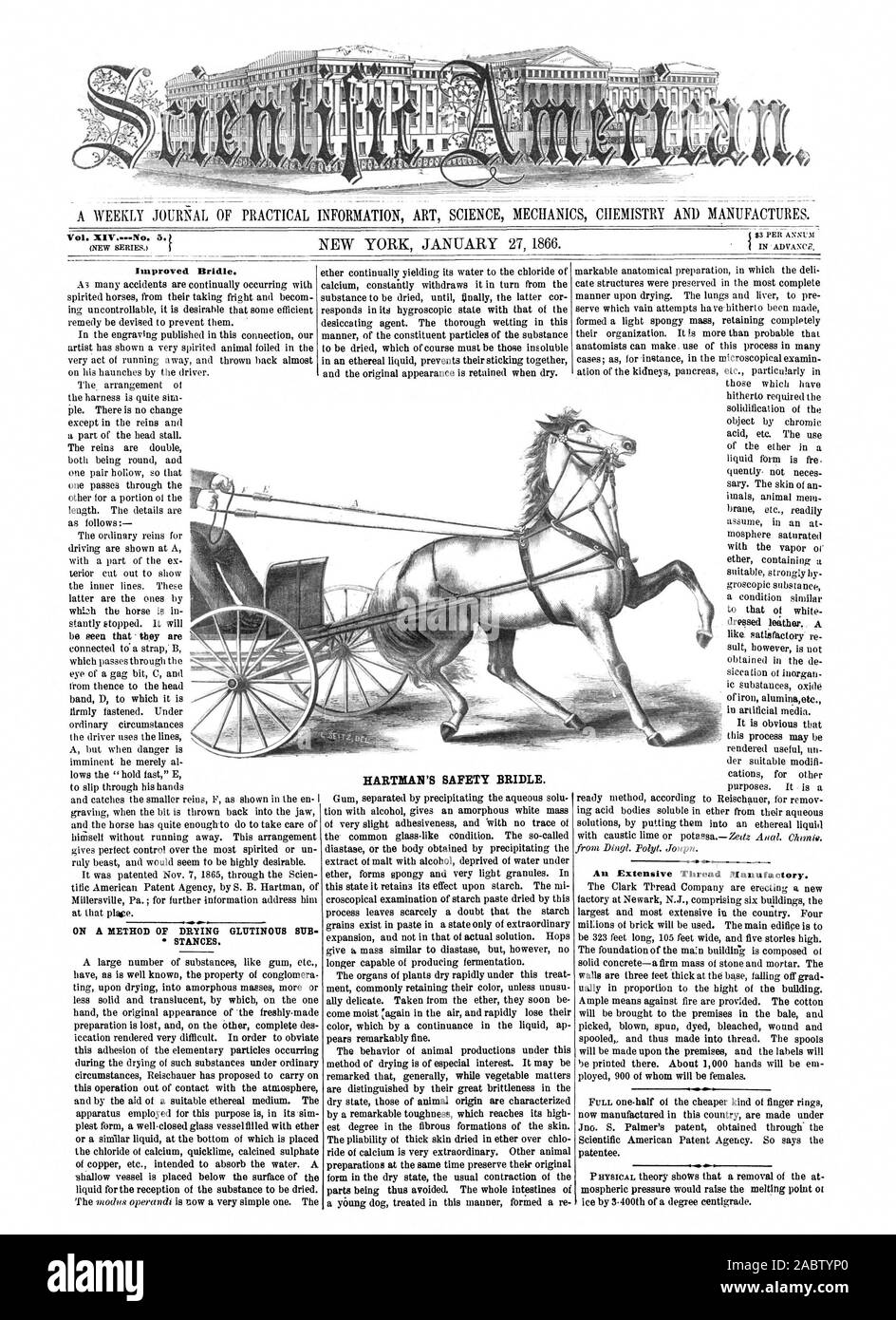 Eine wöchentliche Zeitschrift für PRAKTISCHE INFORMATIONEN KUNST WISSENSCHAFT MECHANIK CHEMIE BIN) produziert. Vol. XIV. 5 Verbesserte Zaum. Positionen. HARTMAN'S SICHERHEIT ZAUM. Ein umfangreiches Thema Manufaktur., Scientific American, 1866-01-27 Stockfoto