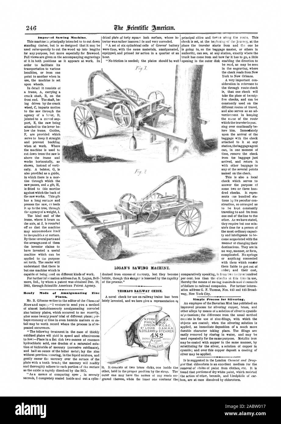 Die Aufnahmebereitschaft der Zusammenlegung von Zink Platten. LOGAN'S SÄGEN. THOMAS EISENBAHN N. YORK A. PHICA 14 C. CINCIN. ST LOUIS 0. & M.R.R. Einfaches Verfahren zur Versilberung., Scientific American, 1866-04-14 Stockfoto