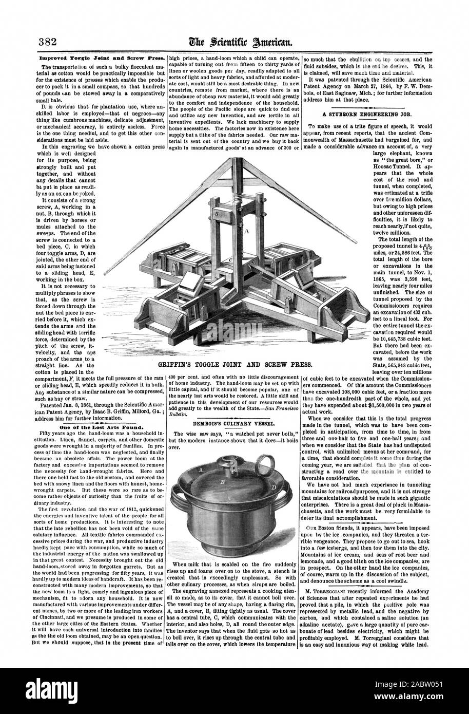 Der Wissenschaften, der nach wiederholten Versuche er bewiesen hatte, dass ein Haufen, in dem der positive Pol durch metallisches Blei und die negativen durch Kohlenstoff und enthalten eine Kochsalzlösung (eine alkalische Acetat) gab eine große Menge reinen Auto bonate von Blei neben Strom, die sein könnte, ist eine einfache und innoxious Weg ot machen Weiß führen., Scientific American, 1866-06-02 vertreten war. Stockfoto