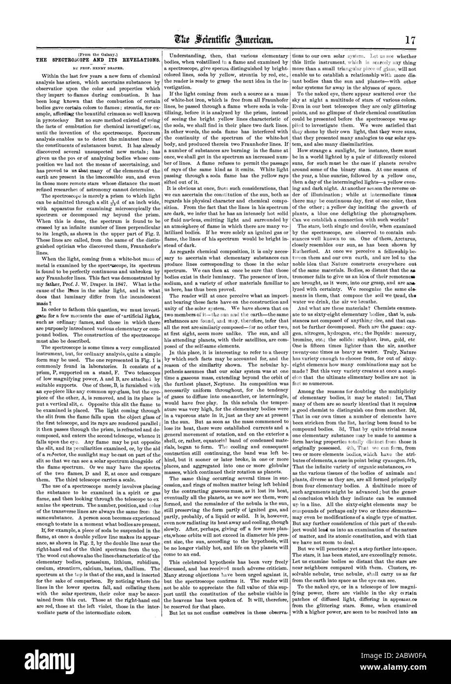 Das SPEKTROSKOP UND SEINE OFFENBARUNGEN. In den letzten Jahren eine neue Form der chemischen Analyse entstanden ist, welche Substanzen ermittelt durch observatior auf die Farbe und die Eigenschaften, die Sie zu-Flammen bei der Verbrennung vermitteln. Es ist seit langem bekannt, dass die Verbrennung bestimmter Einrichtungen gab, bestimmte Farben zu Flammen; strontia für Ex reichlich affordiikg der schönen Crimson so gut in pyrotechuy bekannt, aber keine sichere Methode bestand aus über die Fakten der Verbrennung für chemische Untersuchungen bis zur Erfindung des Spektroskop. Spektrum Analyse ermöglicht uns, die kleinste Spur zu erkennen Stockfoto