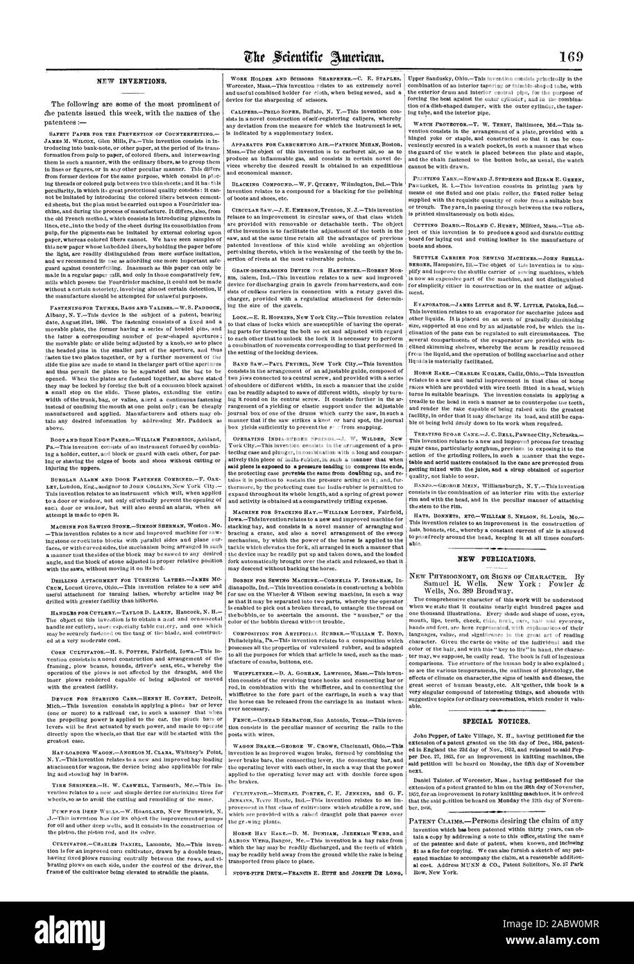 Sicherheit PAPIER ZUR VERHÜTUNG DER GELDFÄLSCHUNG BEFESTIGUNG FÜR TRUNKS TASCHEN UND VALISESW. S. PADDOCK ALARMANLAGE UND TÜRVERSCHLUSS COMBINEDF. Eiche Maser - ENTLADEN GERÄT FÜR HARVESTERROBERT MOR SHUTTLE CARRIER FÜR NÄHEN MACHINESJOHN SHELLA Hüte Mützen ETCWILLIAM S. NELSON St. Louis M NEUE PUBLIKATIONEN. Besondere Hinweise., Scientific American, 66-09-08 Stockfoto
