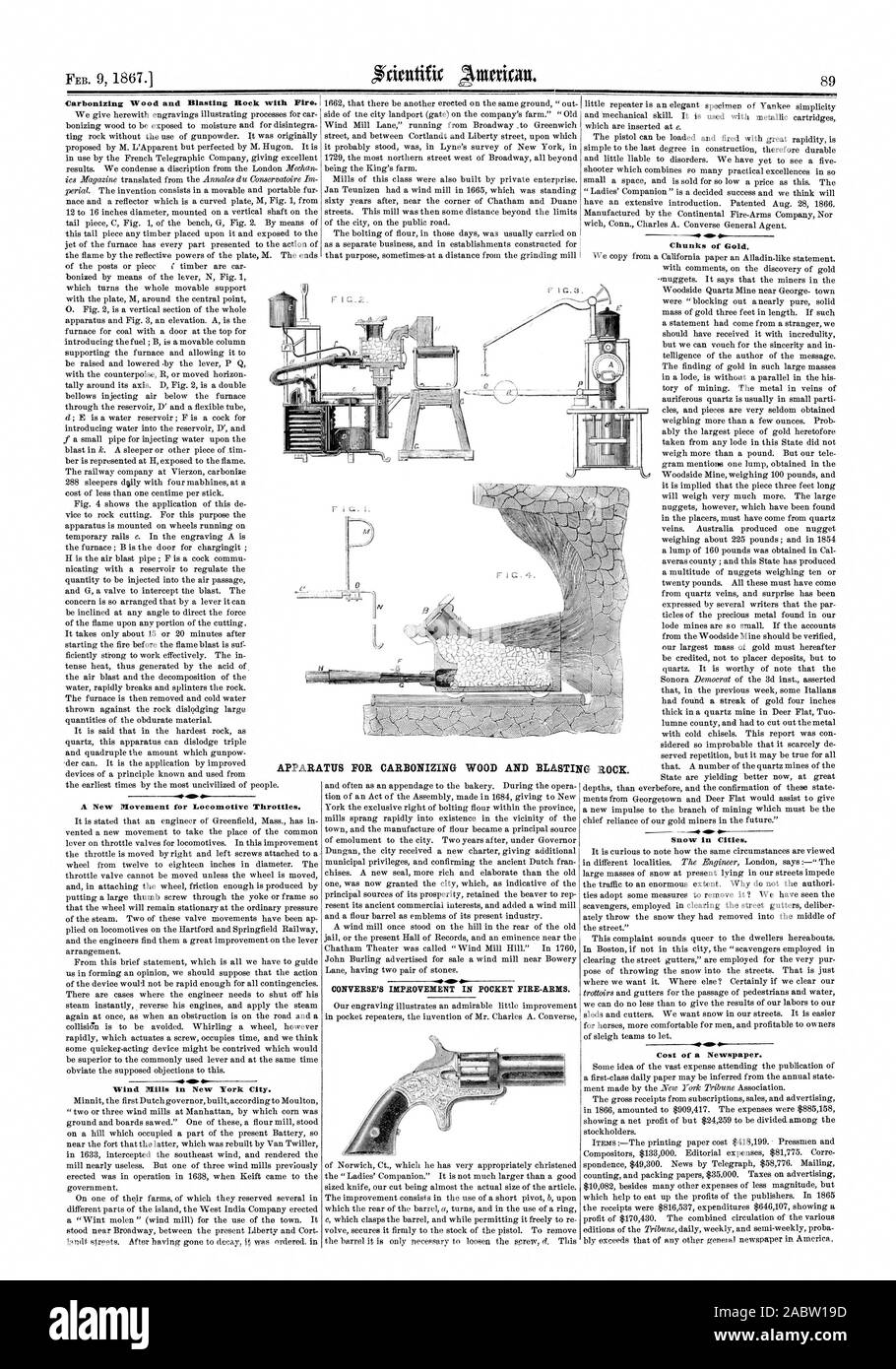 FEB. 9 1867 eine neue Bewegung für Lok Drosseln. Wind mühlen in New York City. Klumpen von Gold. Schnee in den Städten. + Nr. Kosten für eine Zeitung. Vorrichtung zum VERSCHWELEN VON HOLZ UND STRAHLEN ROCK. Die VERBESSERUNG IN DER TASCHE EIRE - Arme., Scientific American, 1867-02-09 Stockfoto