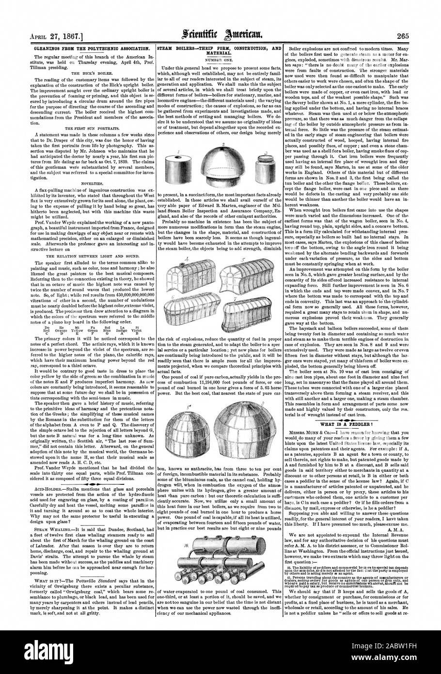Nachlese von der Polytechnischen Vereins. Dampfkessel-. IP FORM KONSTRUKTION UND MATERIAL. Was ist ein HAUSIERER 1, Scientific American, 1867-04-27 Stockfoto