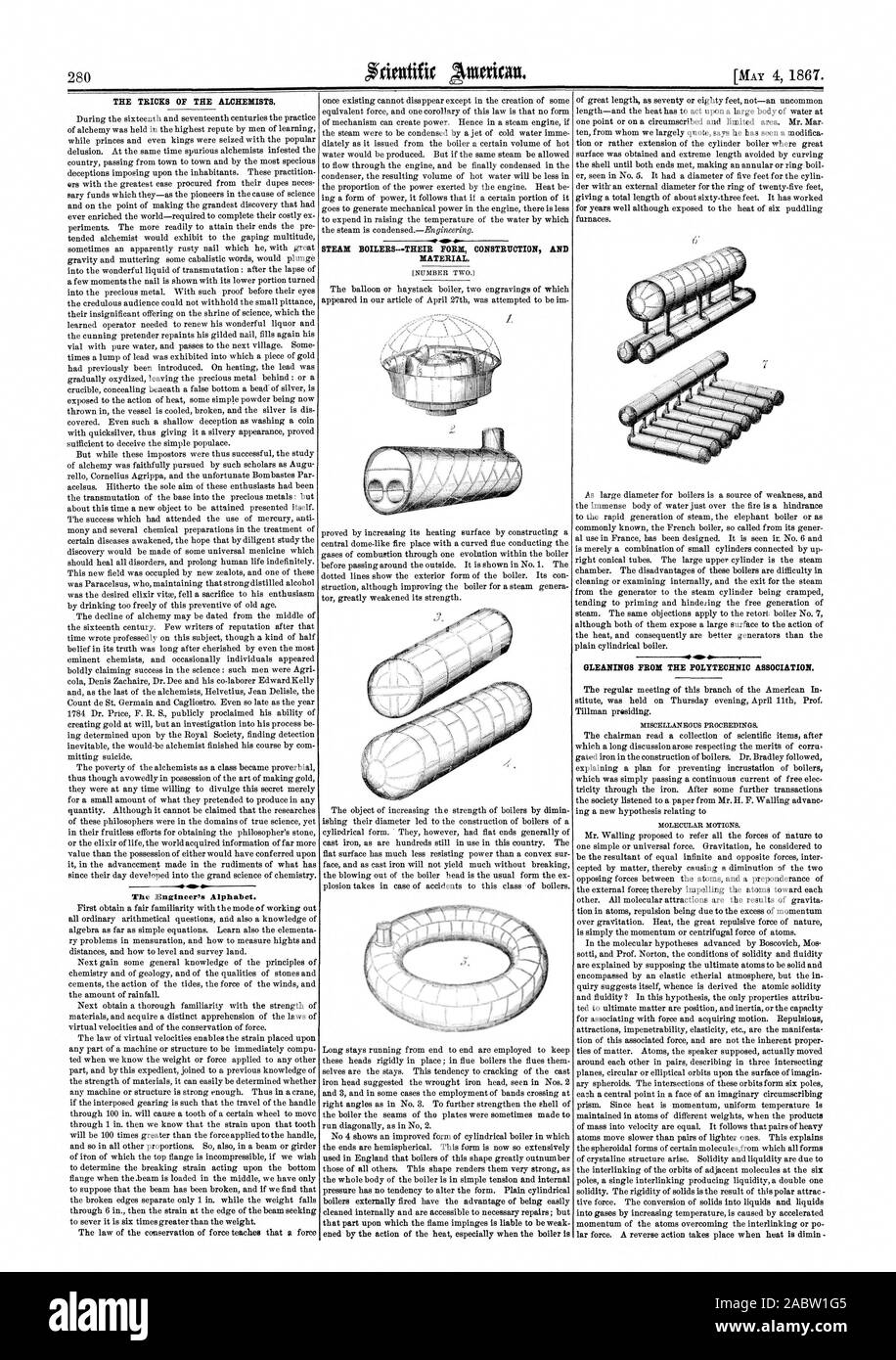 Die TRICKS DER ALCHEMISTEN. Der Techniker Alphabet. Dampfkessel - IHRE GABEL KONSTRUKTION UND MATERIAL. Nachlese von der Polytechnischen Vereins., Scientific American, 1867-05-04 Stockfoto