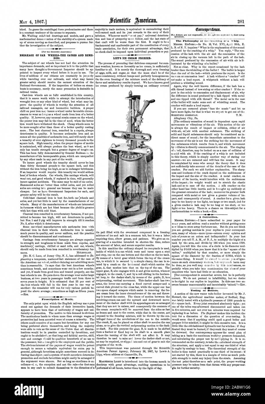 4. Mai 1867.1 stirbt. . Htung des Verdienstes. Cartopontitact. Die Philosophie der Rissbildung an eine Peitsche. Eine Korrektur., Scientific American, 1867-05-04 Stockfoto