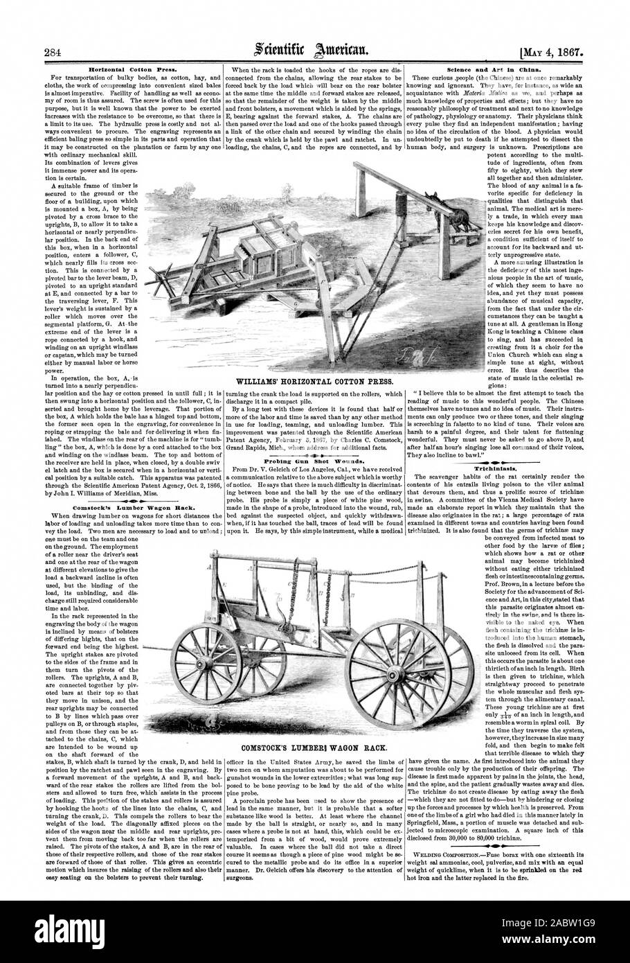 Horizontale Baumwolle drücken. Comstock Bauholz Wagen Rack. WILLIAMS' HORIZONTALE BAUMWOLLE DRÜCKEN. Probing Schuss Wunden. COMSTOCK HOLZ! WAGON RACK. Wissenschaft und Kunst in China. Trichiniasis., Scientific American, 1867-05-04 Stockfoto