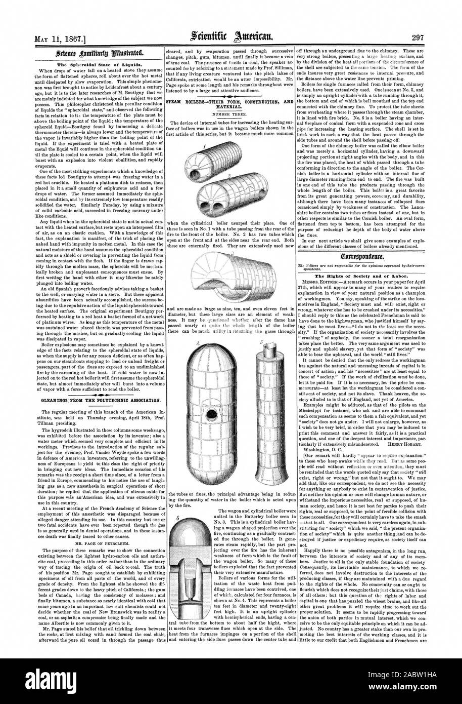Die Spheroidalen Zustand der Flüssigkeiten. Nachlese: PROM der Polytechnischen Vereins. Herr PAGE auf Erdöl. Dampfkessel - IHRE FORM KONSTRUKTION UND MATERIAL. Nummer drei. Statoponfitna. Die Flüge der Gesellschaft und der Arbeit., Scientific American, 1867-05-11 Stockfoto