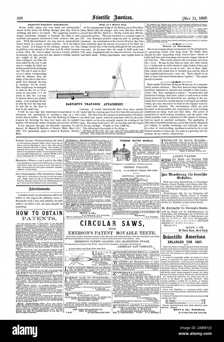 Verbesserte Trap-door Anlage. Versuch einer schweren Pistole. 4 Kranke Räder auf Gehsteigen. BARTLETT, wie Patente erhalten. A. EINE TURBINE WASSERRÄDER. SHAWNEE MONROE CO. PA. Scientific American ERWEITERTEN FÜR 1867. MUNN & Co Verlage KREISSÄGEN EMERSON PATENT BEWEGLICHE ZÄHNE., 1867-05-11 Stockfoto