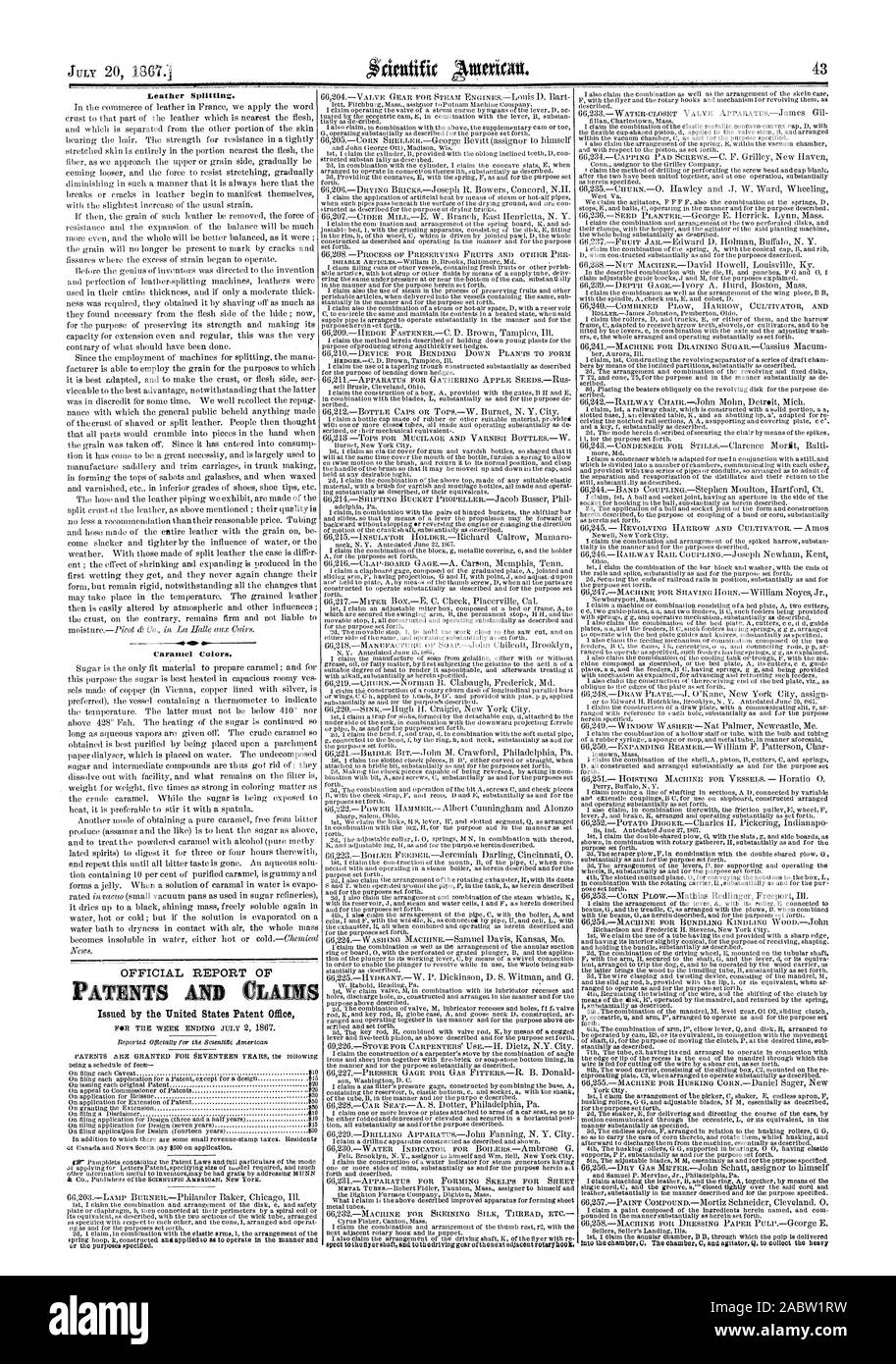 Leder aufteilen. Caramel Farben., Scientific American, 1867-07-20 Stockfoto