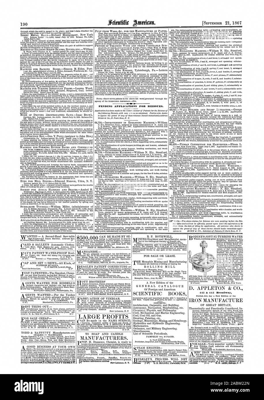 Ausstehende Anträge für NEUAUSSTELLUNGEN. Hersteller. Wissenschaftliche BÜCHER D. APPLETON & CO EISEN HERSTELLEN, Scientific American, 1867-09-21 Stockfoto