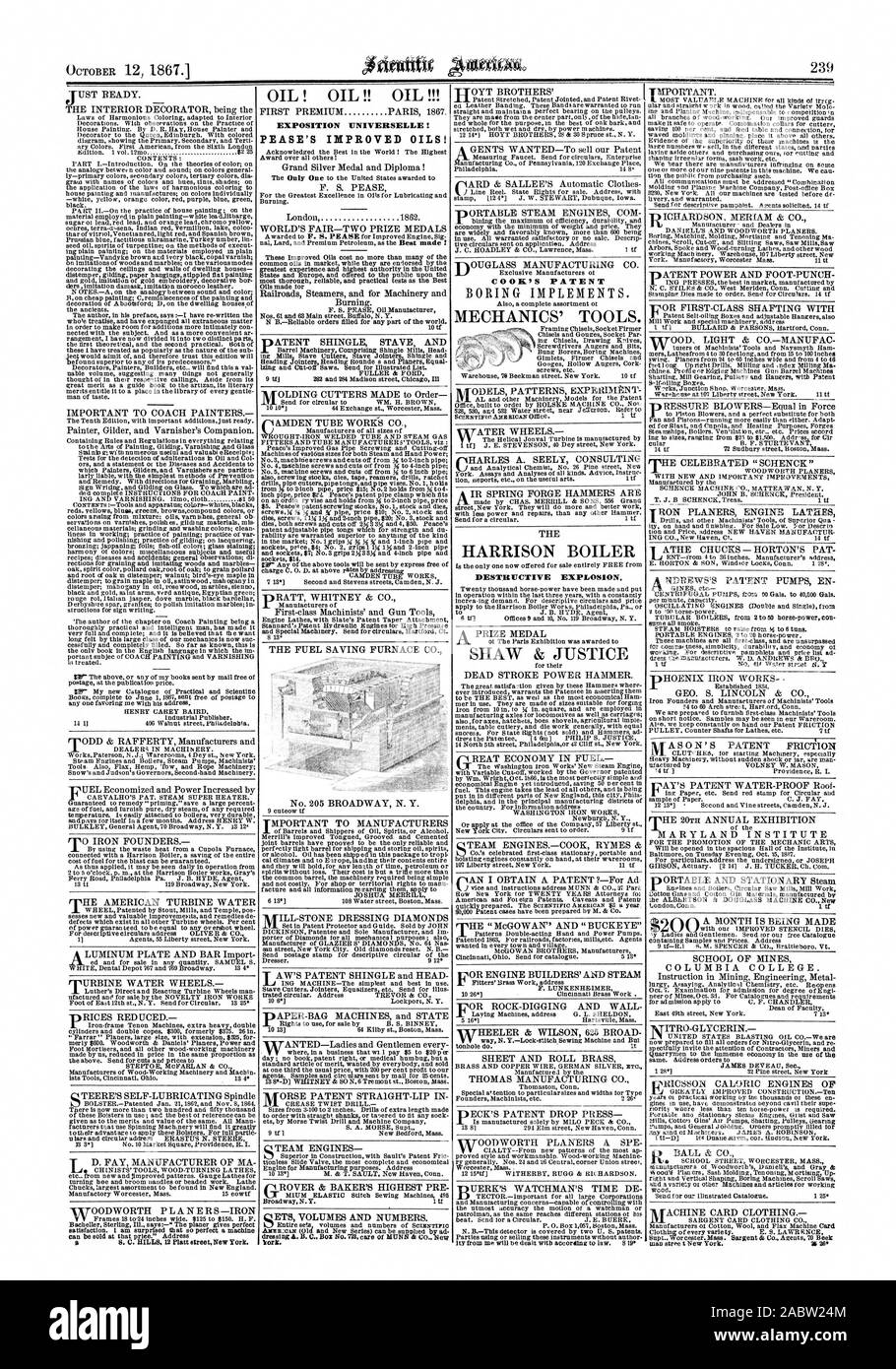 EXPOSITION UNIVERSELLE PEASE der verbesserten ÖLEN! COOK'S PATENT zerstörerischen Explosion., Scientific American, 1867-10-12 Stockfoto
