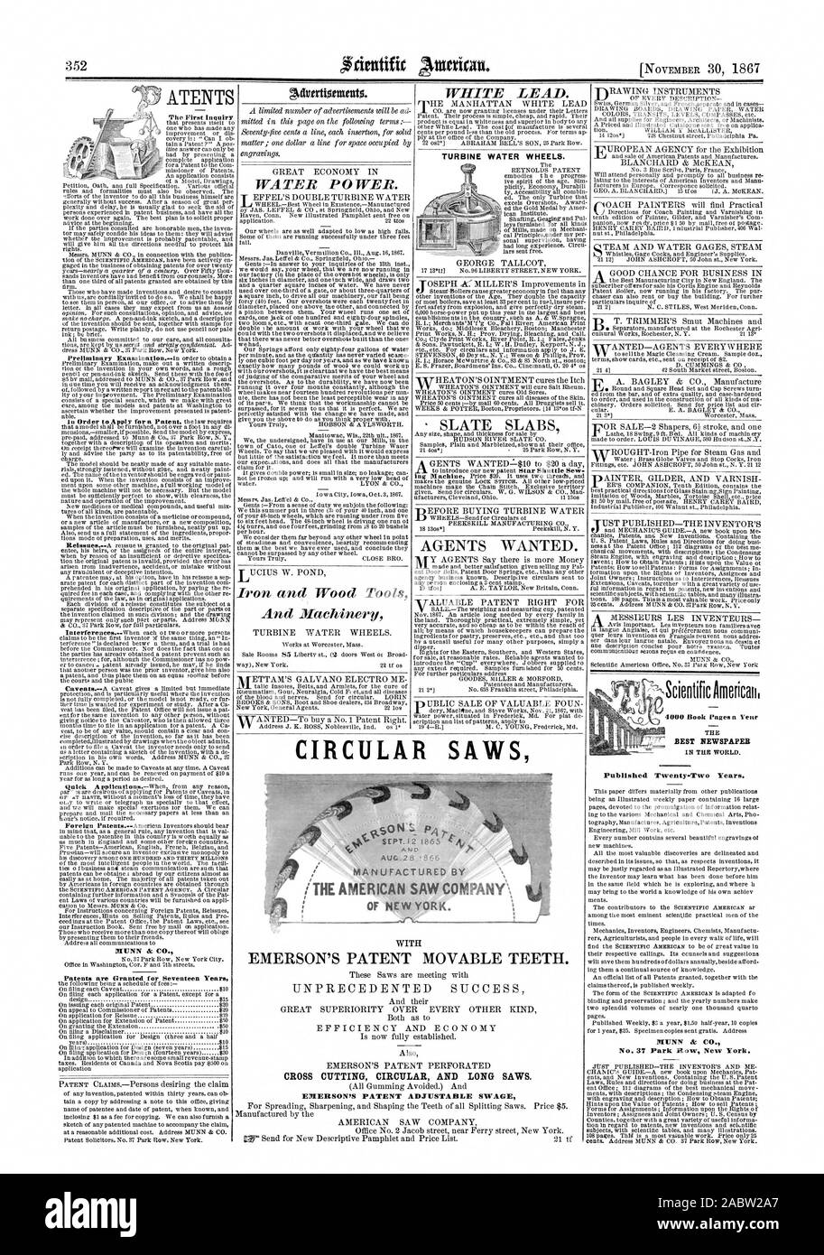 Die erste Anfrage NUNN & Co. Patente werden für 17 Jahre - Schiefer Platten AGENTEN WOLLTE gewährt. Veröffentlicht Twenty-Two Jahre. Die beste Zeitung TURBINE WASSERRÄDER. Kreissägen hergestellt von EMERSONS PATENT BEWEGLICHE ZÄHNE. Übergreifende RUNDSCHREIBEN UND LANGE SÄGEN. EMERSON S PATENT EINSTELLBARE SAVAGE, Scientific American, 1867-11-30 Stockfoto