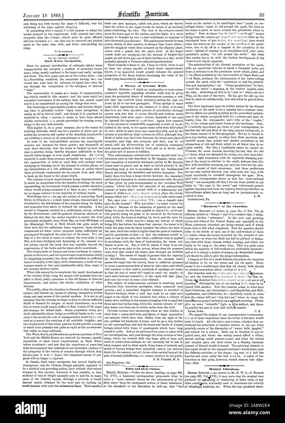 Stillwasser Navigation. zähmen eine Theorie der artesischen Brunnen. P -410.4. Gezeiten und ihre Ursachen. 44. Musikalischen Schwingungen., Scientific American, 1868-01-18 Stockfoto