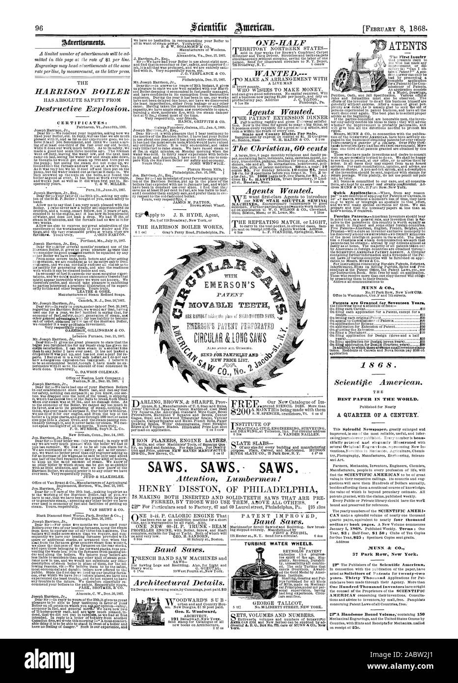 Mit VERMEIDEN SIE AUCH ALI GUMMIERUNG SENDEN FEIND PAMPHIIET UND NEUE PREISLISTE. .5 FREI SÄGEN SÄGEN SÄGEN Geo. E. Woodward TURBINE WASSERRÄDER. Zertifikate: Patente werden für 17 Jahre 71 ITNN & Co. EIN VIERTEL OP EIN JAHRHUNDERT gewährt., Scientific American, 1868-02-08 Stockfoto