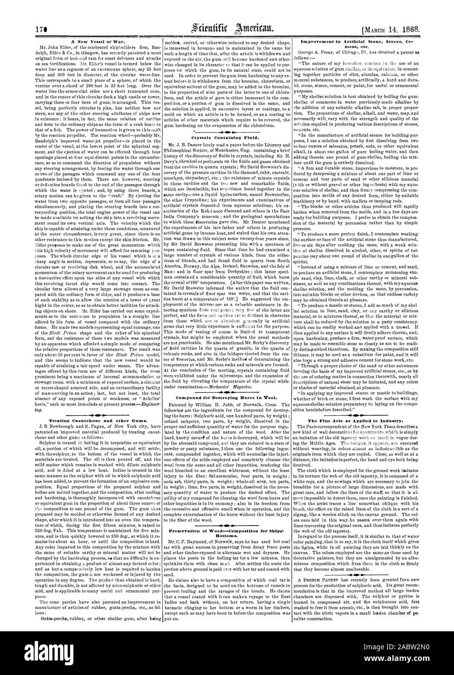 Ein neues Schiff des Krieges. Behandlung von Kautschuk und anderen Gummis. Kristalle mit einer Flüssigkeit. Mittel für die Zerstörung der Grate in Wolle. Erhaltung der Wood.Composition für Ship Bottom s. AMONMONNZMI Verbesserung in Kunststein Stuck. Co.- usw. Die Bildenden Künste, wie sie für die Industrie., Scientific American, 68-03-14 Stockfoto
