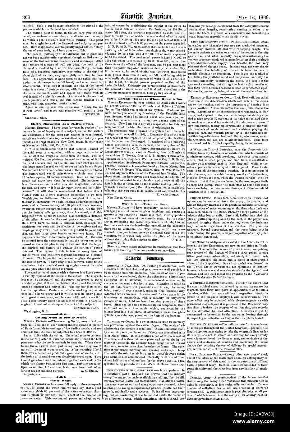 Warum ist dies so? Wasser gegen Bier Schraube ThreadsHonor wem Ehre gebührt. Elektro Magnetismus als Motiv macht. Casting Metall in Gipsformen. Wasser Widder., Scientific American, 1868-05-16 Stockfoto