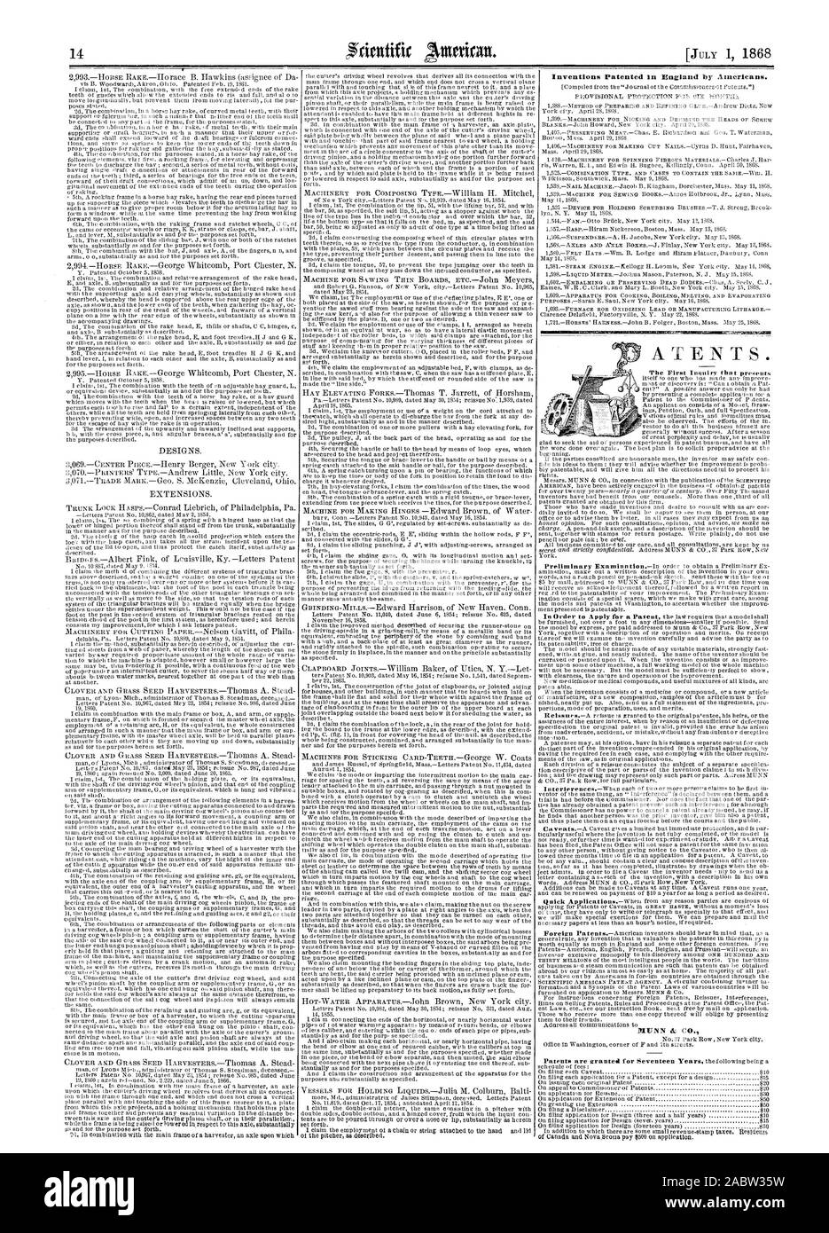 Ausländische Patente amerikanischen Erfindern, Scientific American, 1868-07-01 Stockfoto