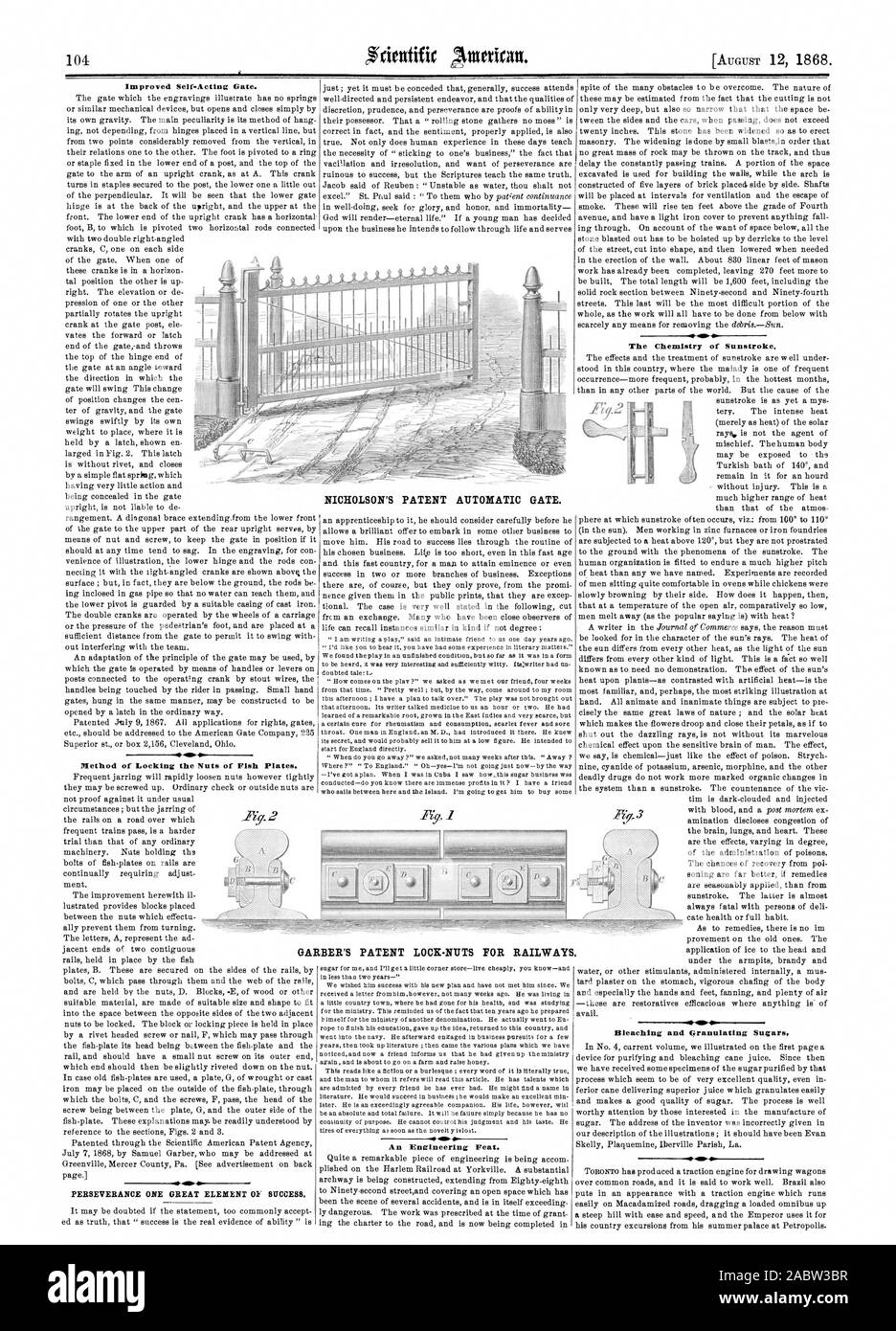 101 12. AUGUST 1868. Verbesserte Self-Acting Tor. Methode der Verriegelung der Muttern der Fisch. Ausdauer ein großer Erfolgsfaktor ist. NICHOLSON PATENT automatisches Tor. Eine technische Meisterleistung. Die Chemie der Sonnenstich. Bleichen und Granulieren von Zucker GARBER PATENT LOCK-Muttern für Eisenbahnen, Scientific American, 1868-08-12 Stockfoto