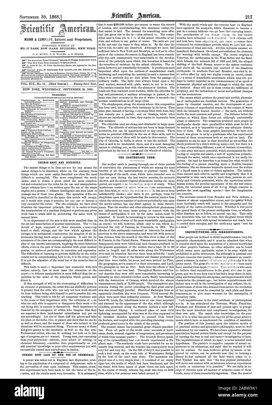 MUNN & UNTERNEHMEN Herausgeber und Eigentümer. Nr. 37 PARK ROW (PARK GEBÄUDE) NEW YORK. le410 STREET STAUB DURCH DEN EINSATZ VON CHEMIKALIEN. Das Erdbeben. Neugier -- unsere Korrespondenten. Die Dinge einfach und schwierig., Scientific American, 1868-09-30 Stockfoto