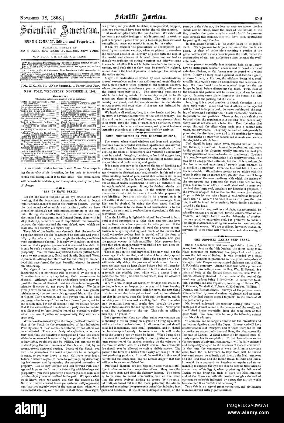 NM=Inhalt s einige Vorschläge aus der Verbrennung von Kohle. Die vorgeschlagenen DARIEN SHIP CANAL., Scientific American, 1868-11-18 Stockfoto