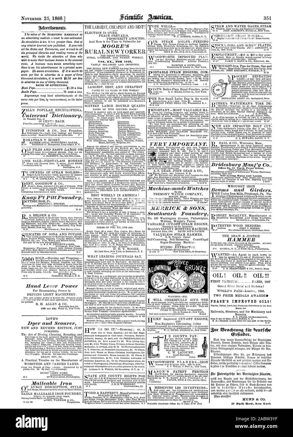 MO'S ORB LÄNDLICHEN NEW YORKER VOL. Xx. Für 1869 Universal Wörterbuch Kna fut Pitt Gießerei Handhebel Power Dyer und topfreiniger Temperguss SEHR IMPO RTAIVT. Die ganze FOUNDAON OP DIE ALTE SORTE Maschine - Made Uhren MERRICK & Söhne Southwark Foundery Bridesburg Manrg Co Büro Nr. 65 North Front Street Balken und Träger. HAMMER OIL! Öl!! Öl!!! PEASE der verbesserten ÖLEN! 3ur tleactituttg fiir beutfebe erfinber., Scientific American, 1868-11-25 Stockfoto