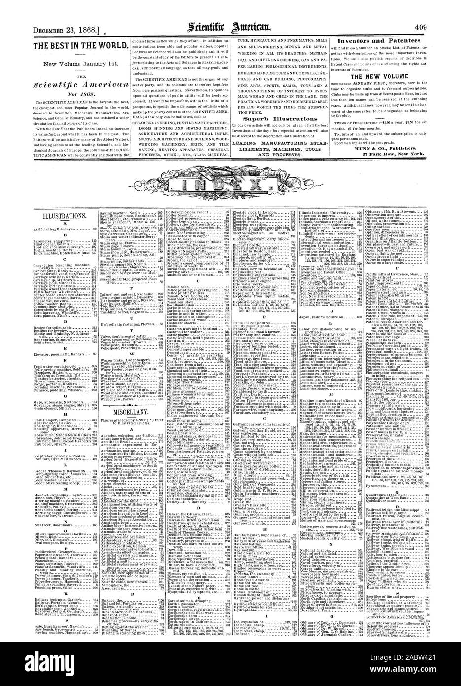 Das BESTE IN DER WELT. Erfinder und. Patentinhaber DIE NEUE BAND 37 Park Row New York. A C D A II E L P Q, Scientific American, 1868-12-23 Stockfoto