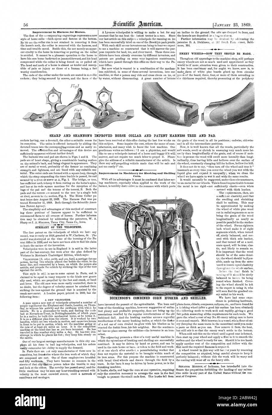 Verbesserung der Kabelbaum für Pferde. 4. Schmirgel RÄDER - WIE SIE GEMACHT WERDEN SOLLTE. Scharfe und Shannon, die verbesserte PFERD KRAGEN UND PATENT KABELBAUM BAUM UND PAD. Zusammenfassung Der VELOCIPEDE. Verbesserung der Maschinen für Verschweigen und Schälen Mais. DICKINSON MAISENTLIESCHMASCHINE UND SHELLER, Scientific American, 1869-01-23 Stockfoto