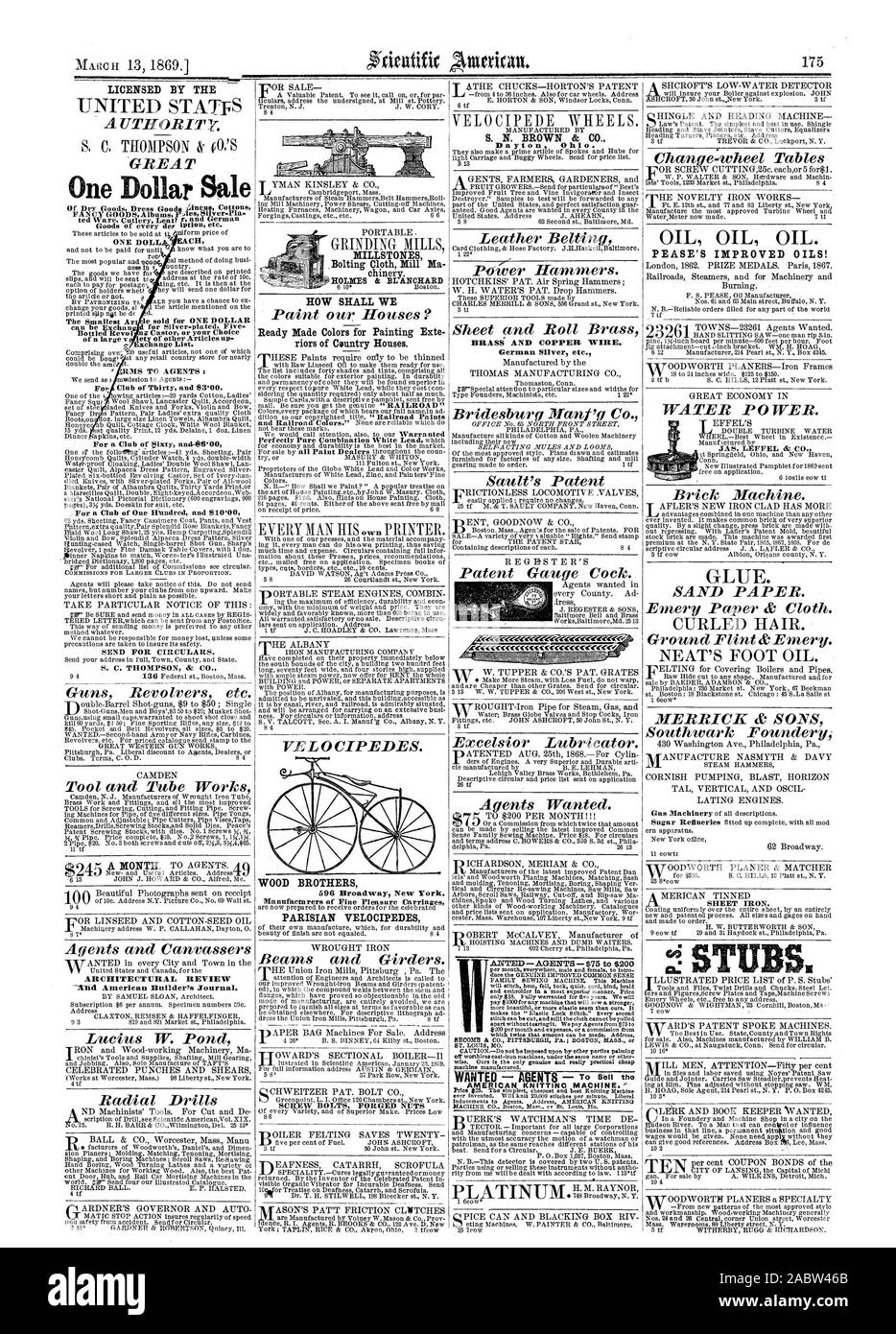 13. MÄRZ 1869. ARCHITECTURAL REVIEW MÜHLSTEINE' Müllergaze Mühle Ma chinery. Wie werden wir Fertige Farben für Malerei Exte riors von Landhäusern. Holz Brüder 596 Broadway New York. Pariser VELOCIPEDES Messing und Kupfer. Neusilber etc. BLECH. ir: VCCHVCCCC&lt; WfICCICIVCCCItitince wollte - Agenten der amerikanischen STRICKMASCHINE.' - der JAS Zu Verkaufen. LEFFEL PEASE der verbesserten ÖLEN! Lizenziert durch die Ein Dollar Verkauf von Dayton Ohio., Scientific American, 69-03-13 Stockfoto