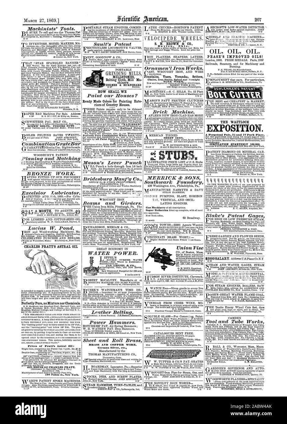 Mühlsteine Messing und Kupfer Draht BLECH. CHARLES PRATT'S ASTRAL ÖL perfekt Reine keine Mischung oder Chemikalien. Preise der Pratt's Astral 0: 108 Fulton st. New York. Öl ÖL ÖL. PEASE der verbesserten ÖLEN! Die whitlock Exposition. Eine ewige Messe 35 und 37 Park Place. Wie werden wir Fertige Farben für Malerei Exte riors von Landhäusern. S. N. BRAUN & Co Dayton Ohio. untains Vasen Veranden Sofas Stühle Eisen Treppen Spirale und Straight Wire Arbeit., Scientific American, 1869-03-27 Stockfoto