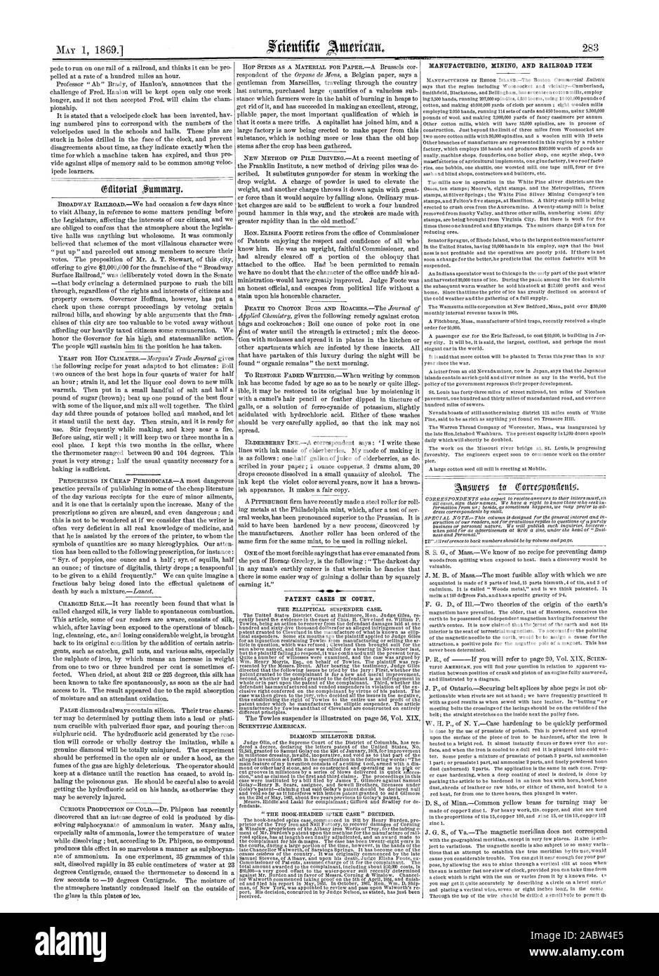 Mai 1 18691 PATENT FÄLLE VOR GERICHT. Die elliptische Hosenträger. SCIENTIFIC AMERICAN. DIAMOND MÜHLSTEIN KLEID. "Der Haken - vorangegangen SPIKE' entschieden. Herstellung von BERGBAU UND EISENBAHN LOS eine große Baumwollsaatgut Ölmühle errichtet bei Mobile., 1869-05-01 Stockfoto