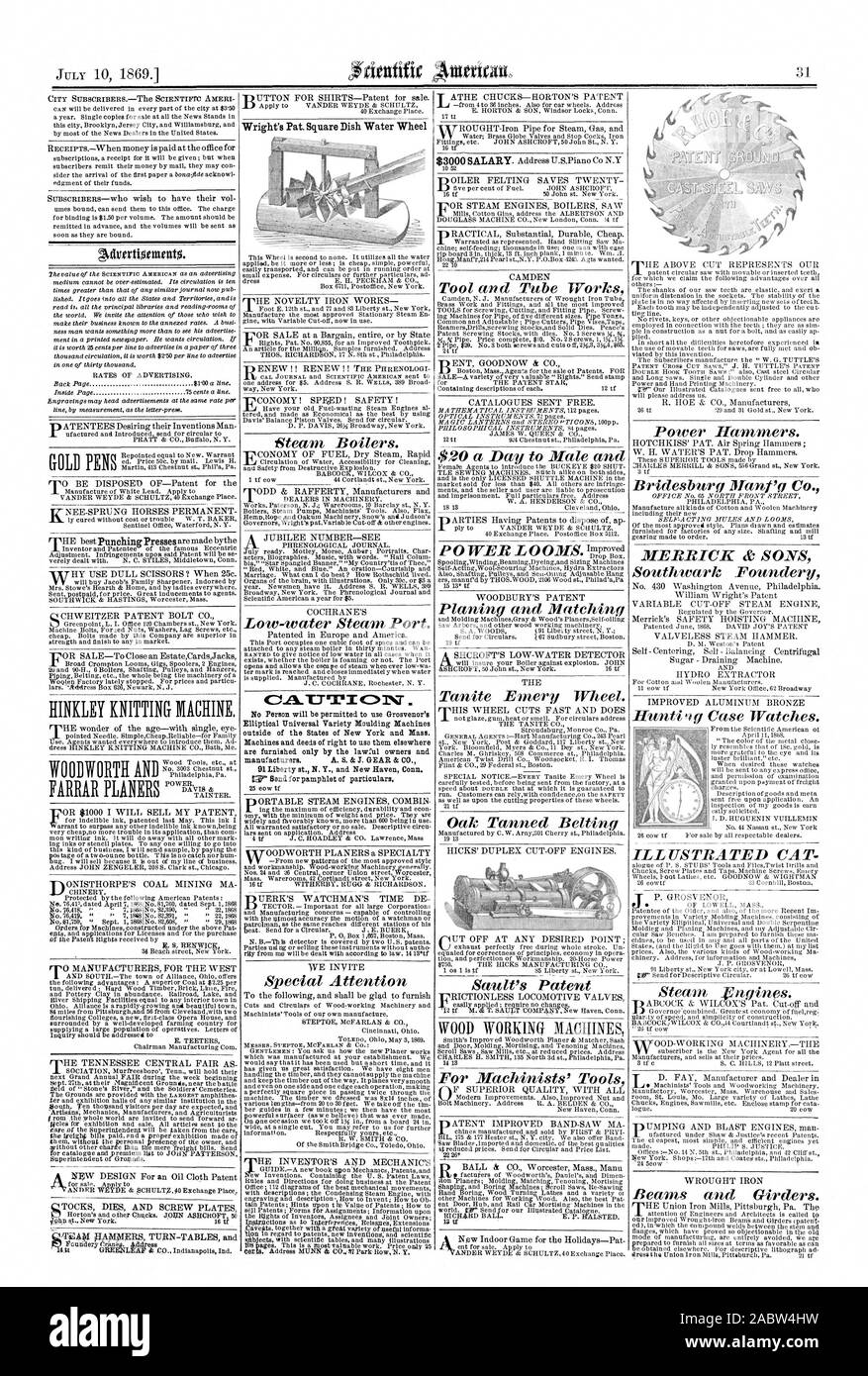 Wright von Pat. Quadratische Teller Wasser Rad CA. LT9 L'C1 NT0, Scientific American, 1869-07-10 Stockfoto