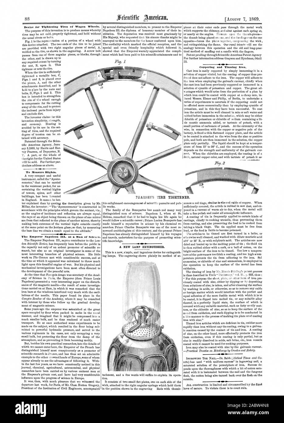 Vorrichtung zum Anziehen der Reifen der Wagenräder. Zur Messung der Höhen. 49 0 Der Kaiser Napoleon III. als Mann der Wissenschaft. Coppering und Verzinnen von Eisen. PEARSON'S REIFEN SPANNER, Scientific American, 1869-08-07 Stockfoto