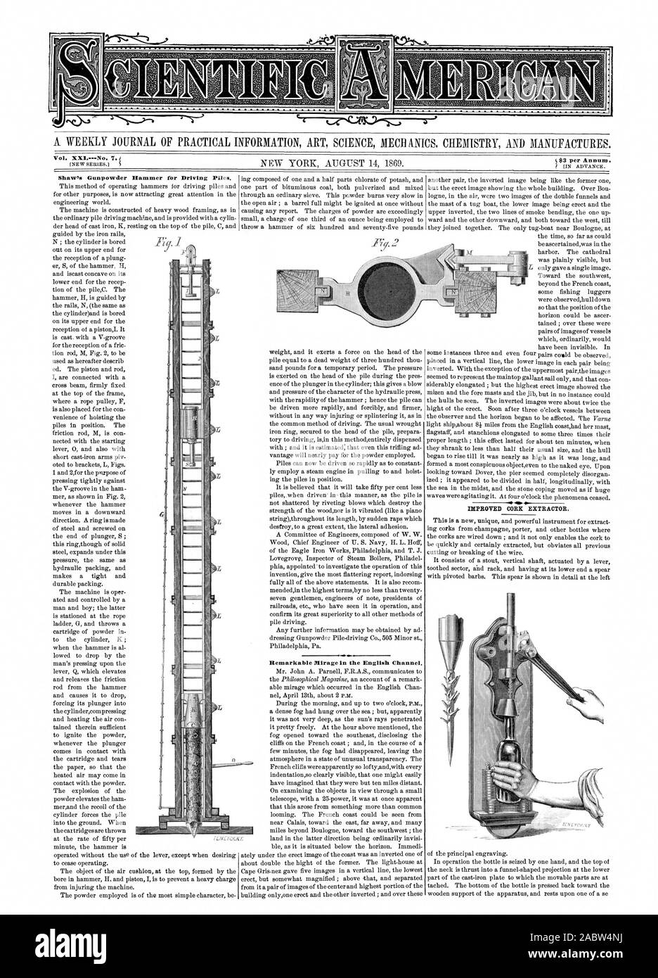 Eine wöchentliche Zeitschrift für PRAKTISCHE INFORMATIONEN KUNST WISSENSCHAFT MECII ANICS CHEMIE UND PRODUZIERT. s $ 3 pro Jahr. Shaw's Schießpulver Hammer zum Rammen bemerkenswerte Mirage in Englischer Kanal 1 0. Verbesserte KORK EXTRACTOR., Scientific American, 1869-08-14 Stockfoto
