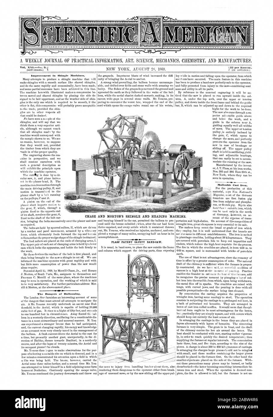 Eine wöchentliche Zeitschrift für PRAKTISCHE INFORMATIONEN KUNST WISSENSCHAFT MECH ANTOS CHEMIE UND PRODUZIERT., Scientific American, 1869-08-28 Stockfoto