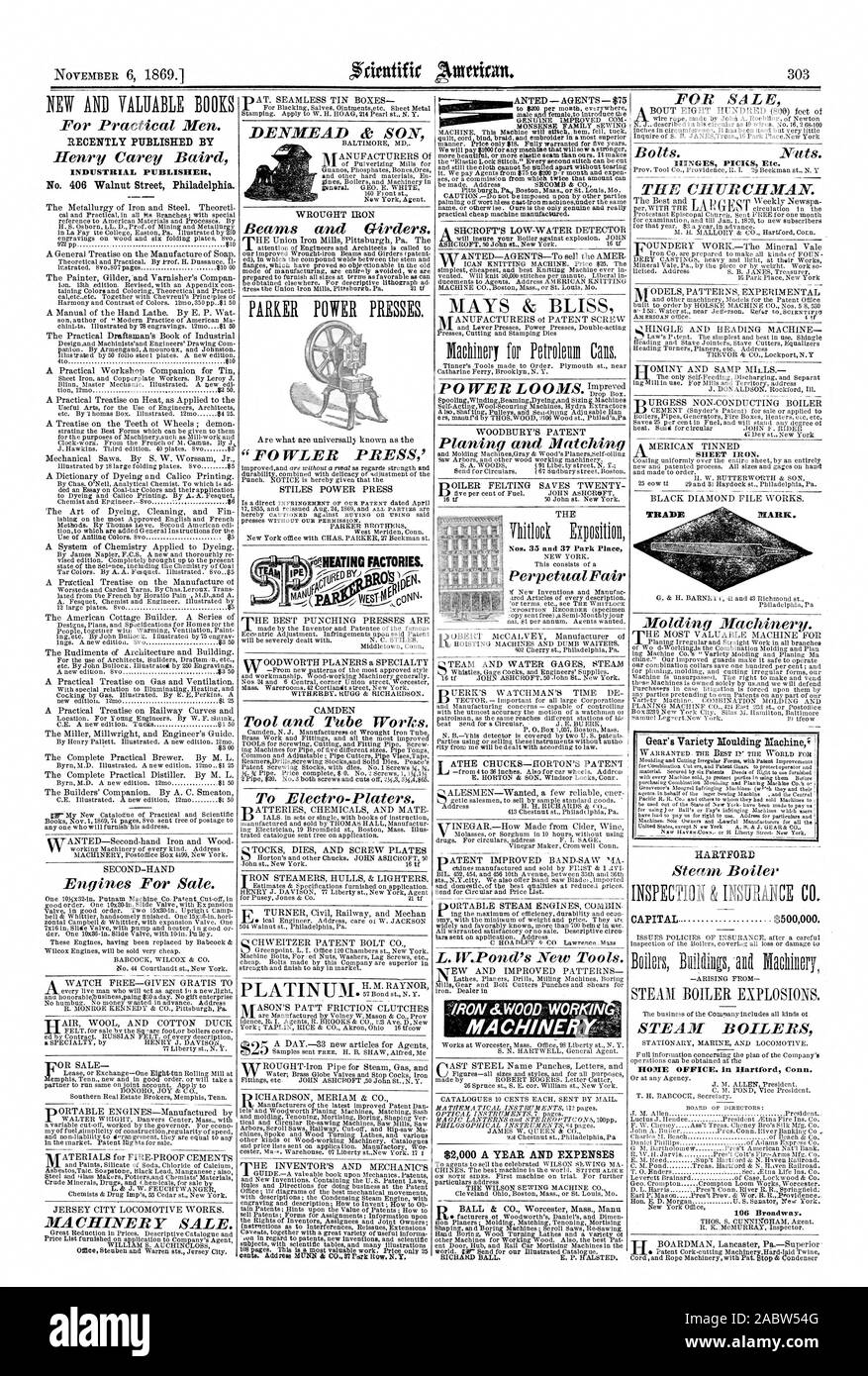 Nr. 33 und 37 Park Place 2000 $ PRO JAHR UND AUFWENDUNGEN, DIE VOR KURZEM VERÖFFENTLICHT DURCH INDUSTRIELLE VERLAG Nr. 406 Walnut Street Philadelphia. HARTFORD CAPITAL $ 500000. Dampfkessel 106 Broadway. TlirE CITURC ELTIAIV: EISENBLECH. c'NEATING FABRIKEN., Scientific American, 1869-11-06 Stockfoto