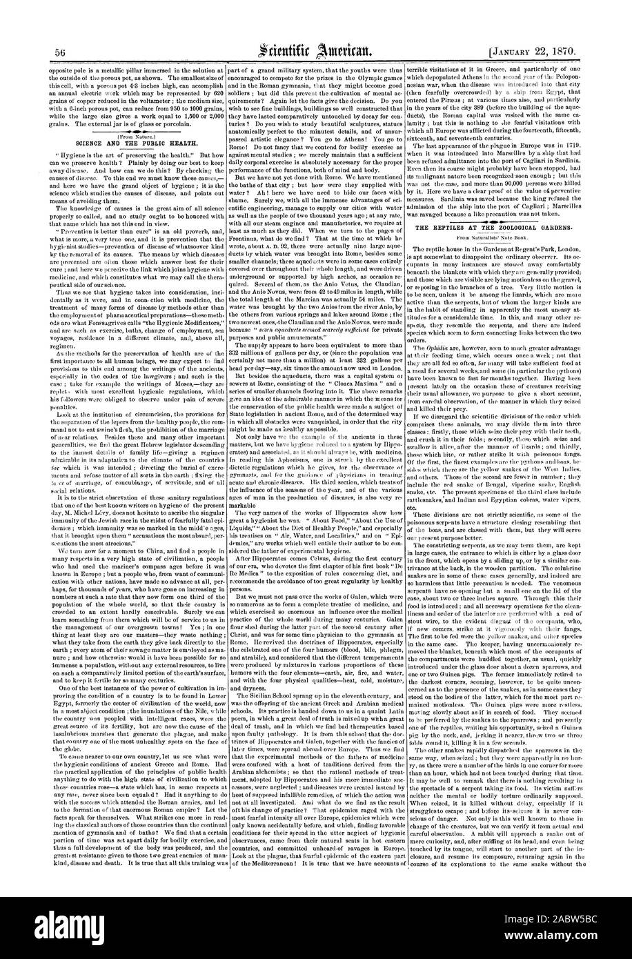Die WISSENSCHAFT UND DIE ÖFFENTLICHE GESUNDHEIT. Die REPTILIEN AN DER zoologischen Gärten., Scientific American, 1870-01-22 Stockfoto