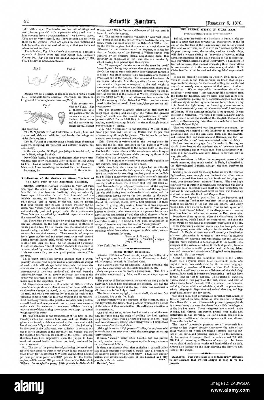 5. FEBRUAR 1870. Rechtfertigung der Richter auf Dampfmaschinen am Ende der Messe des Amerikanischen Instituts. Dampfkessel Explosion. Das französische SYSTEM DER STORCH RAPS.., Scientific American, 1870-02-05 Stockfoto