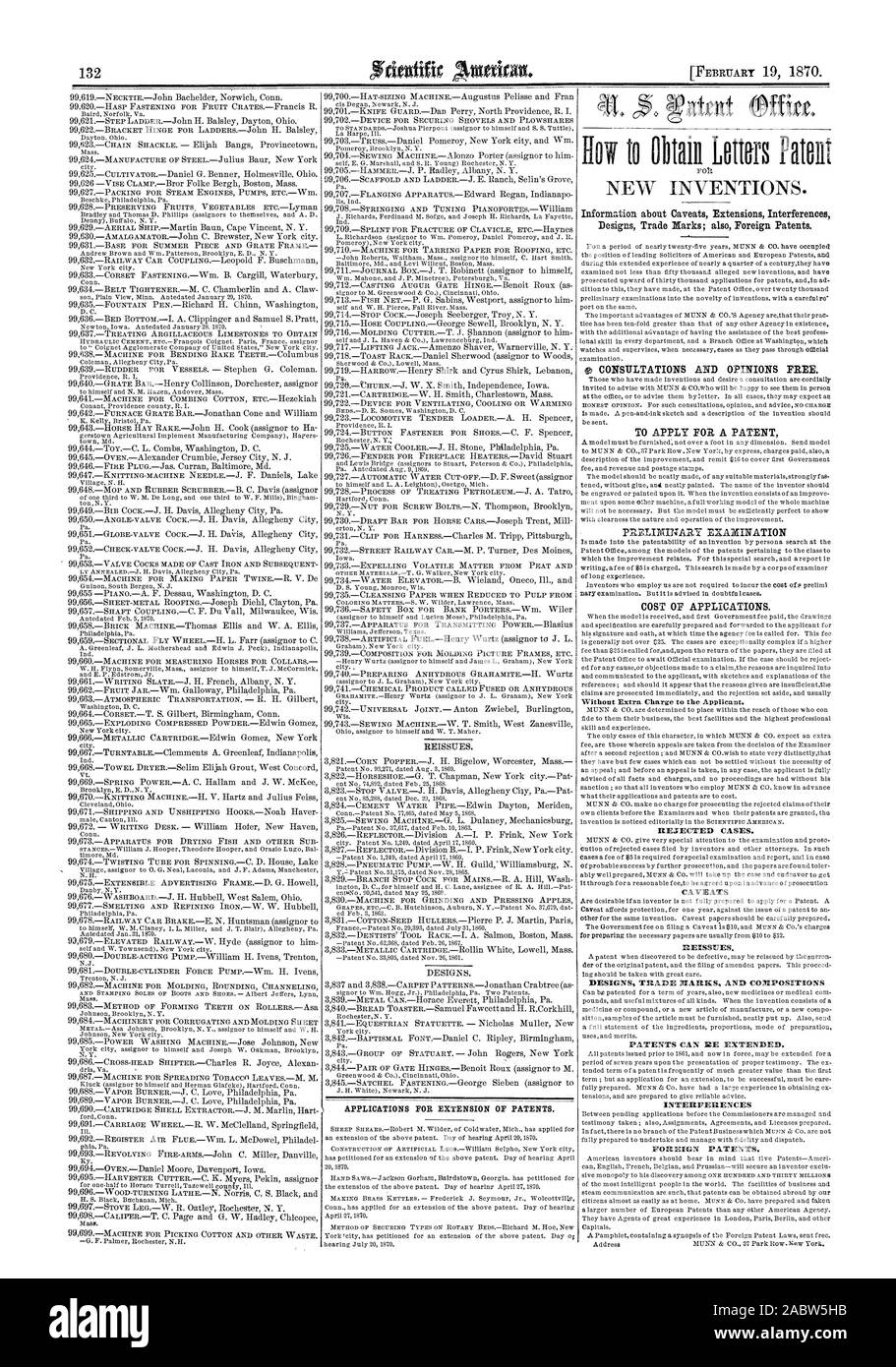 Anträge auf Verlängerung der Patente. Ohne Aufpreis an den Antragsteller. Abgelehnt. Vorbehalte NEUAUSSTELLUNGEN. DESIGNS MARKEN UND KOMPOSITIONEN KÖNNEN PATENTE IIE erweitert. Störungen ausländische Patente., Scientific American, 1870-02-19 Stockfoto