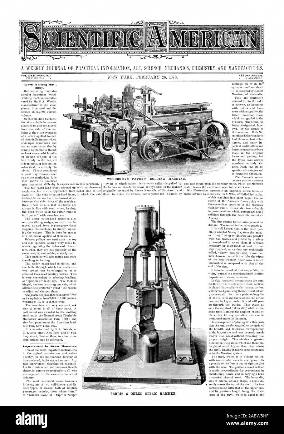 Eine wöchentliche Zeitschrift für PRAKTISCHE INFORMATIONEN KUNST WISSENSCHAFT MECHANIK CHEMIE UND PRODUZIERT. XXII.-Nr. 9.! Woo Molding Ma - 2. Verbesserung der Dampf Hammer.) 14 11, Scientific American, 1870-02-26 Stockfoto