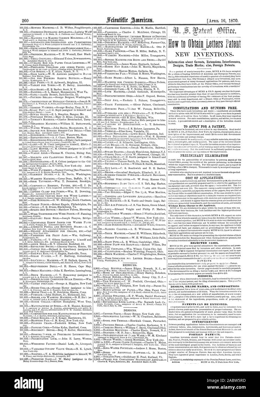 260 KONSULTATIONEN UND MEINUNGEN FREI. Bewerben Sie sich für ein Patent ohne Aufpreis an den Antragsteller. Abgelehnt. Vorbehalte NEUAUSSTELLUNGEN. DESIGNS MARKEN UND KOMPOSITIONEN PATENTE KÖNNEN erneut erweitert. Störungen ausländische Patente., Scientific American, 1870-04-16 Stockfoto