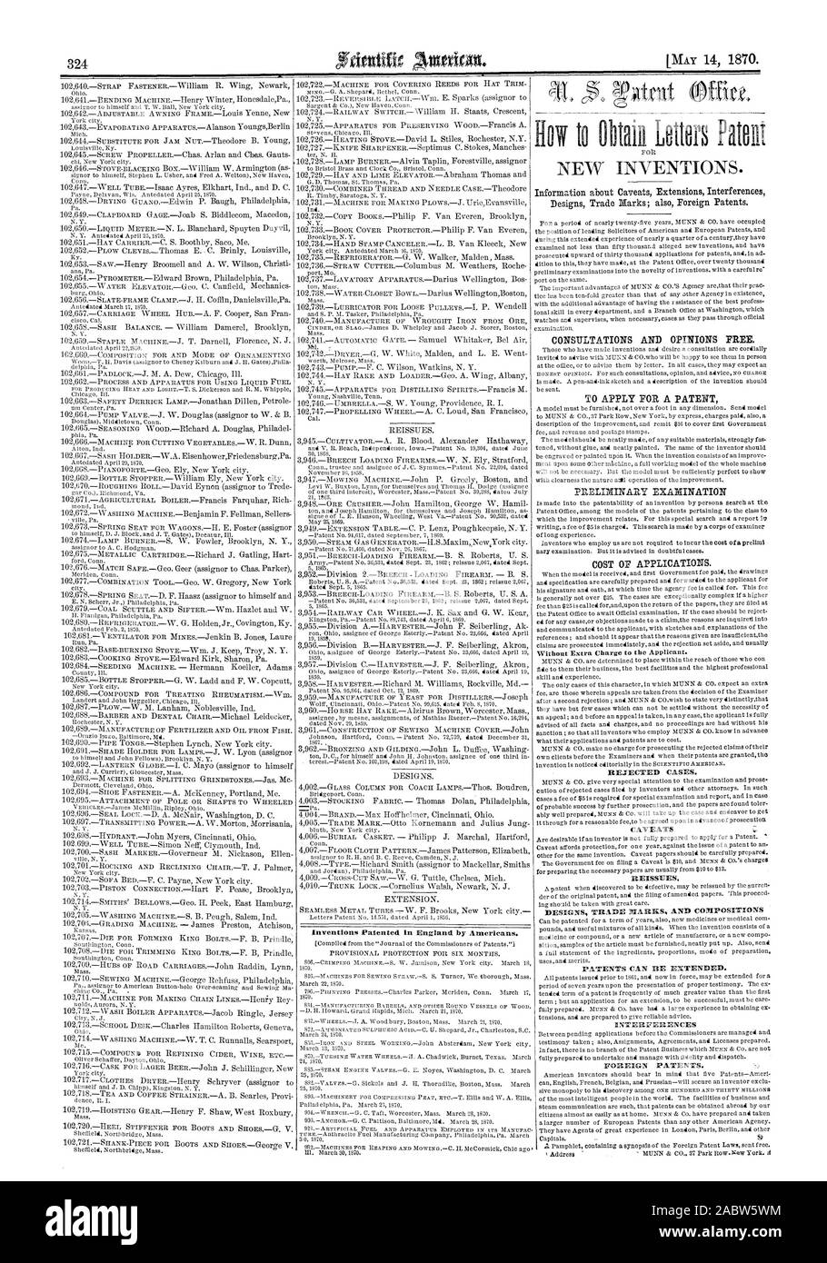 Erfindungen in England Patentiert durch die Amerikaner. Abgelehnt. Vorbehalte NEUAUSSTELLUNGEN. DESIGNS MARKEN UND Kompositionen, die Patente, die VERLÄNGERT WERDEN KANN. Ausländische PATENTE., Scientific American, 1870-05-14 Stockfoto