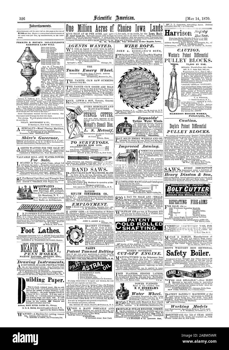 W. W. WALKER Vice President Ce dar Rapids Iowa. Die Seite. 75000 verwendet. HARRISON KESSEL arbeitet Philadelphia Pa SCHRAUBE IER Sicherheit Kessel. Fuß Drehmaschinen. WOOD'S WARD PERKINS&HAUS NICHT EXPLOSIVEN PETROLEUMLAMPE wird Gebäude Papier. SIPHON - KONDENSATOR CO.PREISE FÜR 1870. Turbine Wasserräder Verzahnung. Shafting. N. F. BURNHAM'S, Scientific American, 1870-05-14 Stockfoto