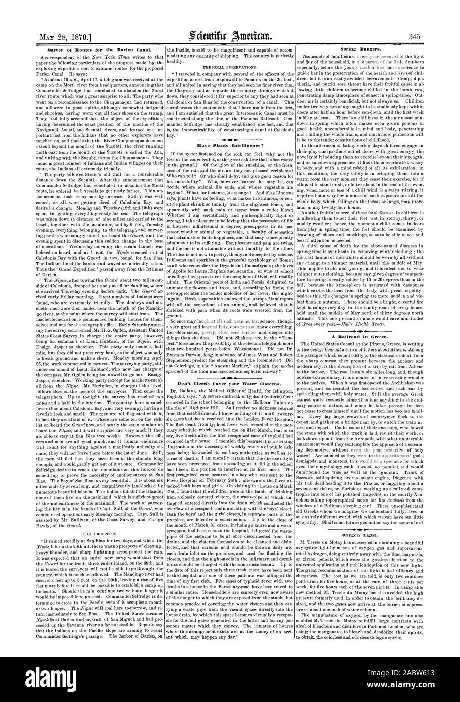 Umfrage oder Routen für die Darien Kanal. Haben Pflanzen Intelligenz I-4. Nicht Eng decken sie ihr Wasser in Zisternen. Frühjahr Gefahren. Eine Eisenbahn in Griechenland. Licht., Scientific American, 1870-05-28 Stockfoto