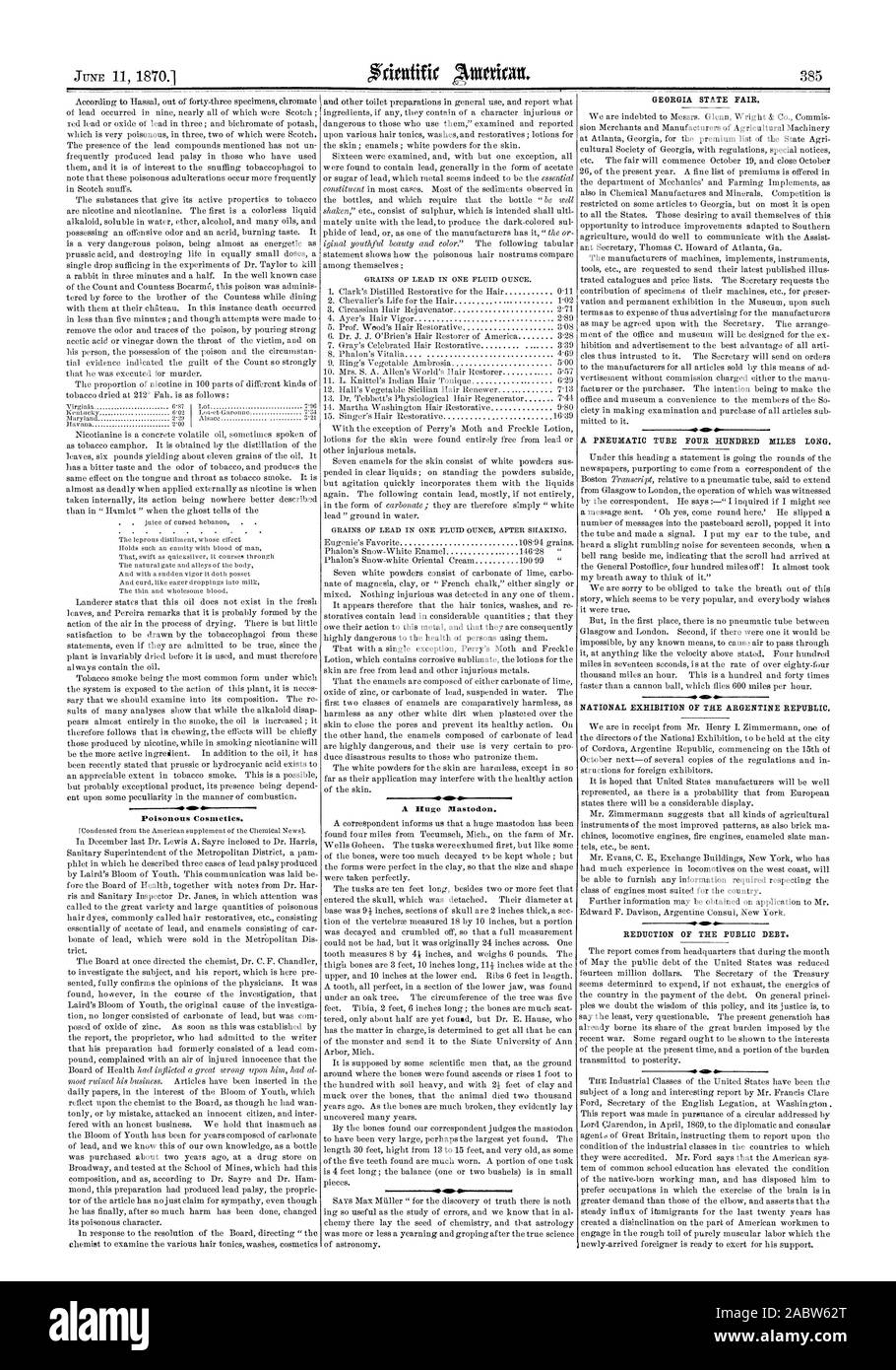 GEORGIA STATE FAIR. Nationale AUSSTELLUNG DER ARGENTINISCHEN REPUBLIK. Reduzierung der öffentlichen Verschuldung., Scientific American, 1870-06-11 Stockfoto
