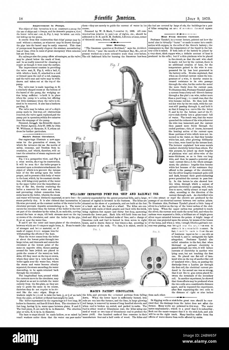 Verbesserung der Pumpen. ITIackls Patent Zirkulator. Lime Burning. MACK'S PATENT ZIRKULATOR. Wärme von elektrischen Strömen WILLIAMS' VERBESSERTE PUMPE FÜR SCHIFF UND BAHN., Scientific American, 1870-07-09 Stockfoto