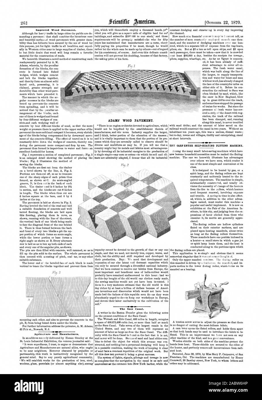 Verbesserte Holz Pflaster. . Landwirtschaft und produziert. ADAMS' Holz Pflaster. Die Karpfen GEBEN SIE SELBST - HEIZUNG FLUTING MASCHINE. . IINoNI. Amt bin. 1. Mir mil den Suez Kanal Mich., Scientific American, 1870-10-22 Stockfoto